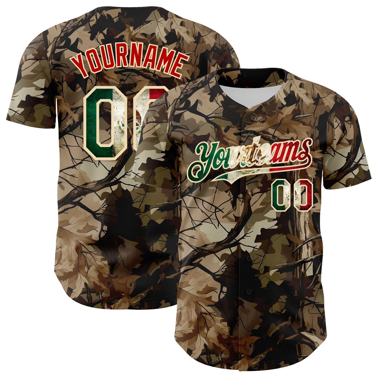 Custom Camo Vintage Mexican Flag Cream-Red Woodland Forest Tactical Camouflage Outdoor Leaf Authentic Baseball Jersey - Main View