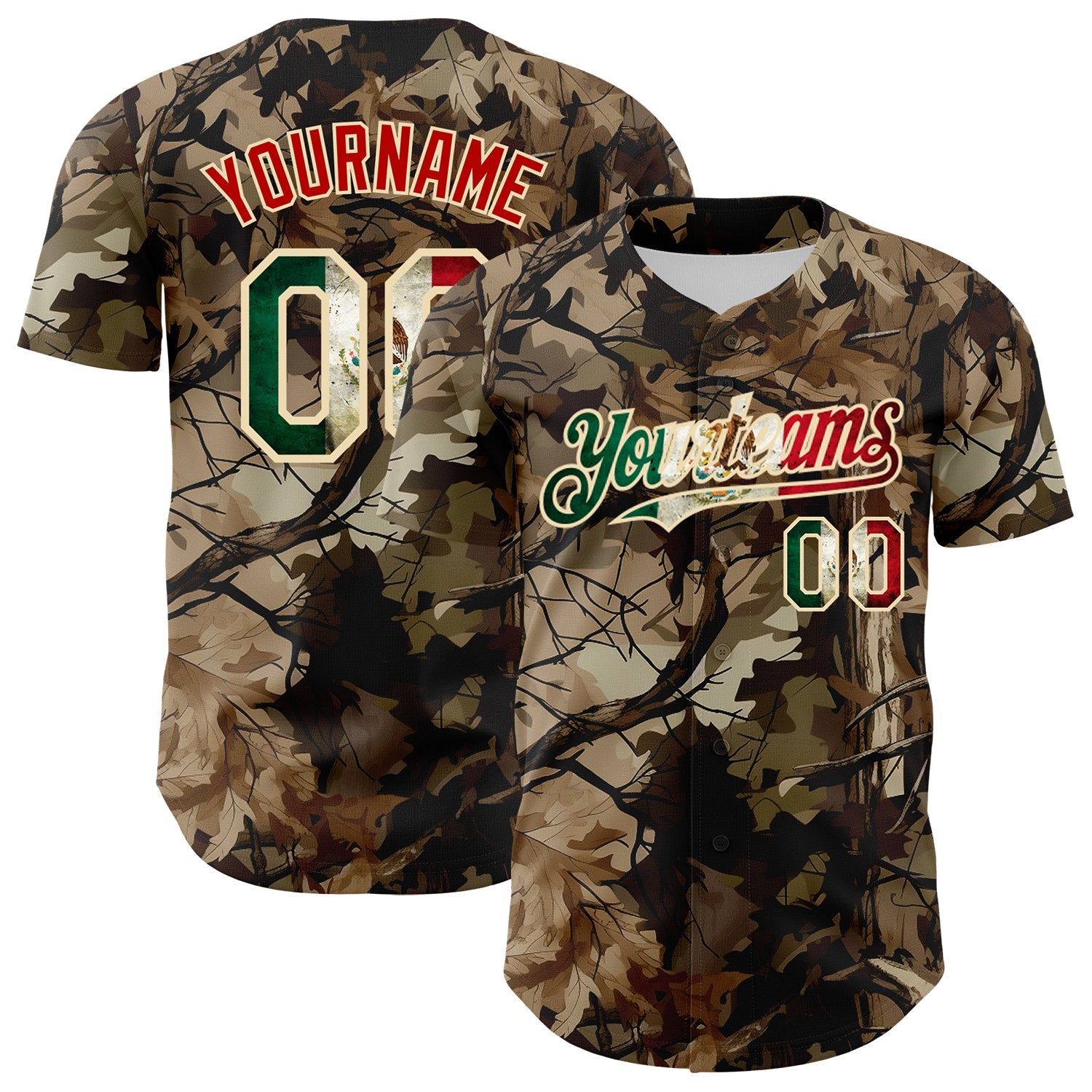 Custom Camo Vintage Mexican Flag Cream-Red Woodland Forest Tactical Camouflage Outdoor Leaf Authentic Baseball Jersey - Main View