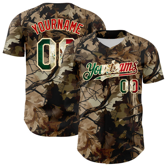 Custom Camo Vintage Mexican Flag Cream-Red Woodland Forest Tactical Camouflage Outdoor Leaf Authentic Baseball Jersey - Main View