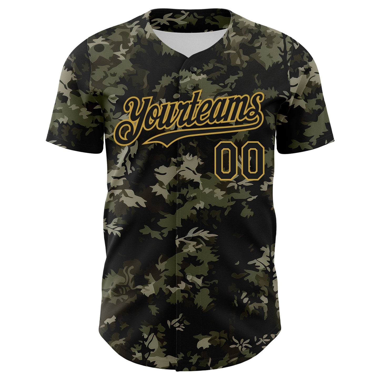 Custom Camo Black-Old Gold Woodland Forest Tactical Camouflage Outdoor Leaf Authentic Baseball Jersey view 2