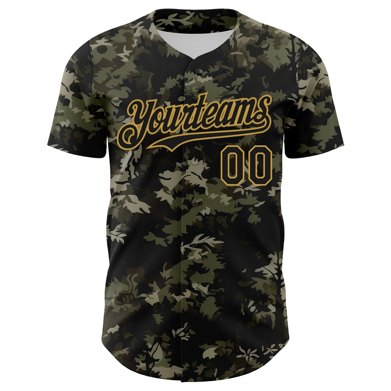 Custom Camo Black-Old Gold Woodland Forest Tactical Camouflage Outdoor Leaf Authentic Baseball Jersey view 2