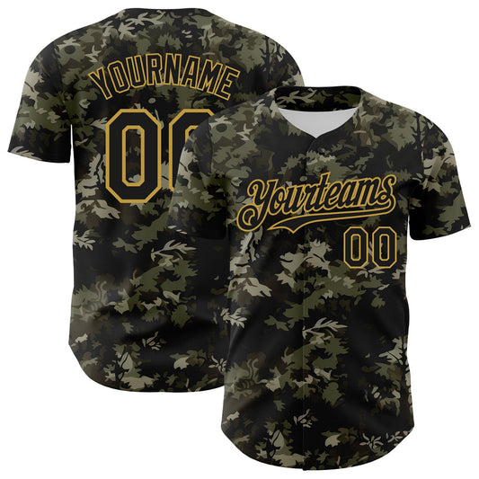 Custom Camo Black-Old Gold Woodland Forest Tactical Camouflage Outdoor Leaf Authentic Baseball Jersey - Main View
