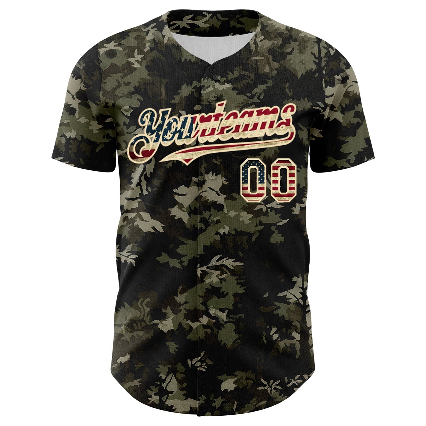 Custom Camo Vintage USA Flag Cream-Black Woodland Forest Tactical Camouflage Outdoor Leaf Authentic Baseball Jersey view 2