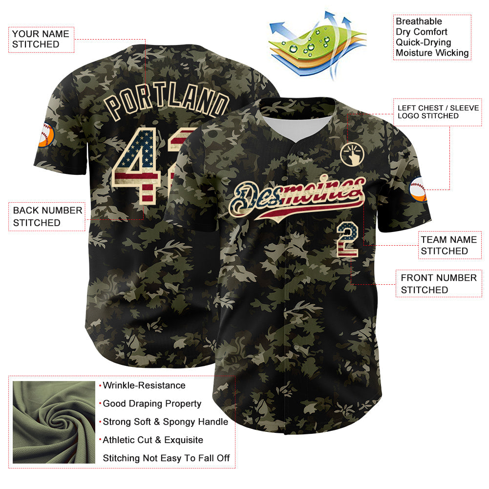Custom Camo Vintage USA Flag Cream-Black Woodland Forest Tactical Camouflage Outdoor Leaf Authentic Baseball Jersey view 3