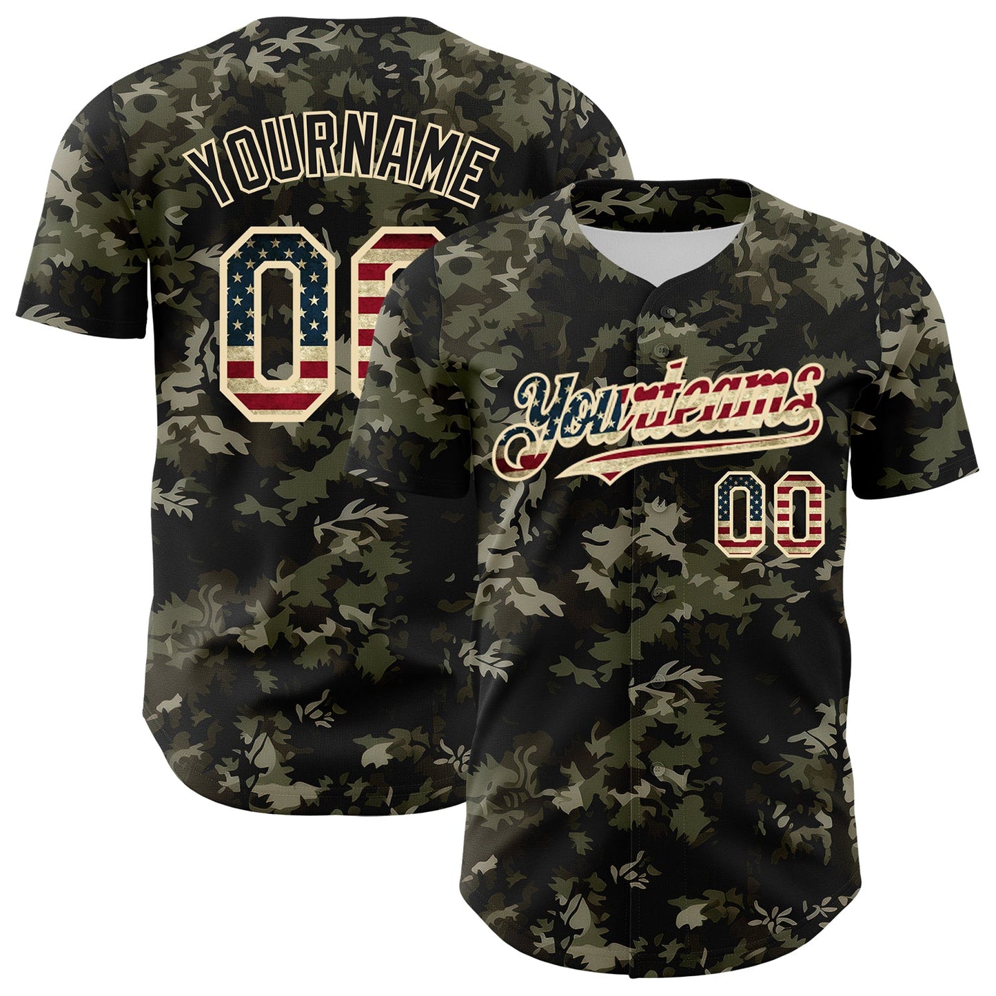 Custom Camo Vintage USA Flag Cream-Black Woodland Forest Tactical Camouflage Outdoor Leaf Authentic Baseball Jersey - Main View