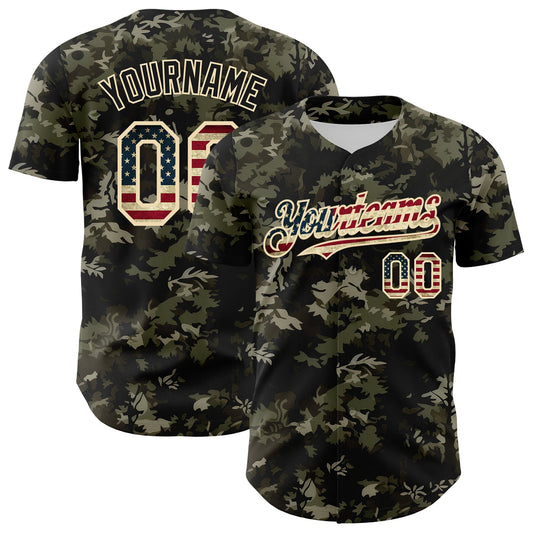 Custom Camo Vintage USA Flag Cream-Black Woodland Forest Tactical Camouflage Outdoor Leaf Authentic Baseball Jersey - Main View