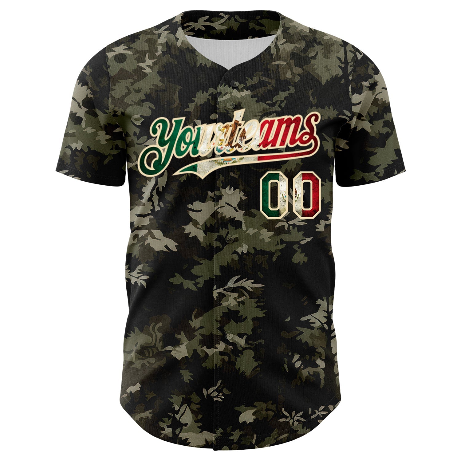 Custom Camo Vintage Mexican Flag Cream-Black Woodland Forest Tactical Camouflage Outdoor Leaf Authentic Baseball Jersey view 2