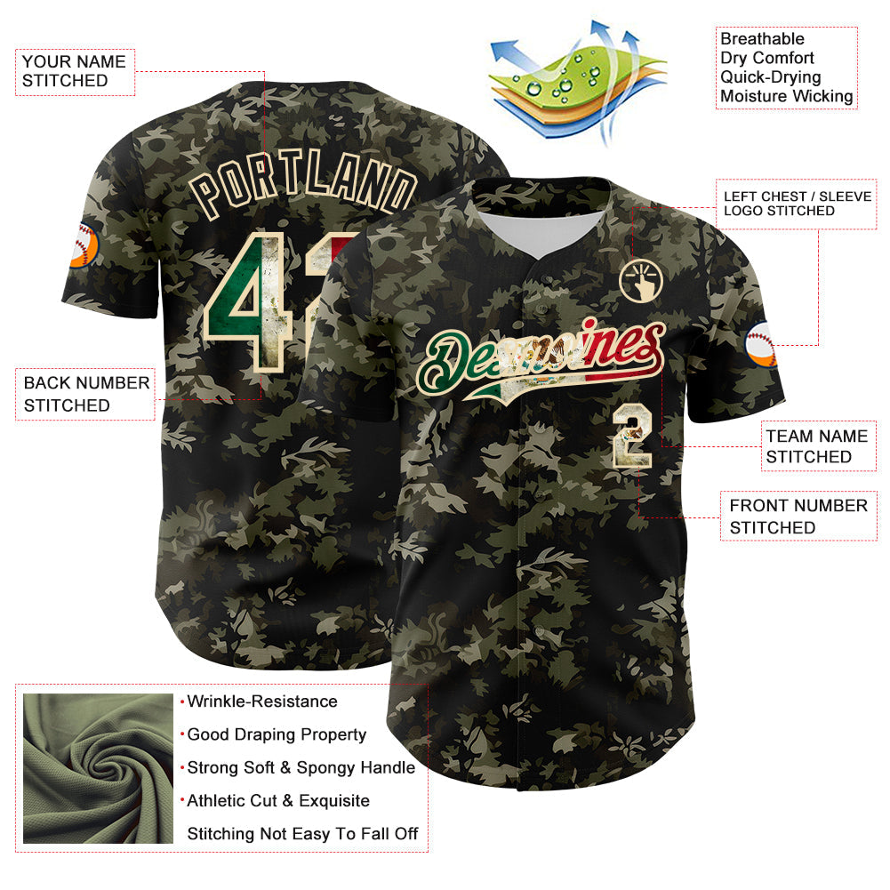 Custom Camo Vintage Mexican Flag Cream-Black Woodland Forest Tactical Camouflage Outdoor Leaf Authentic Baseball Jersey view 3
