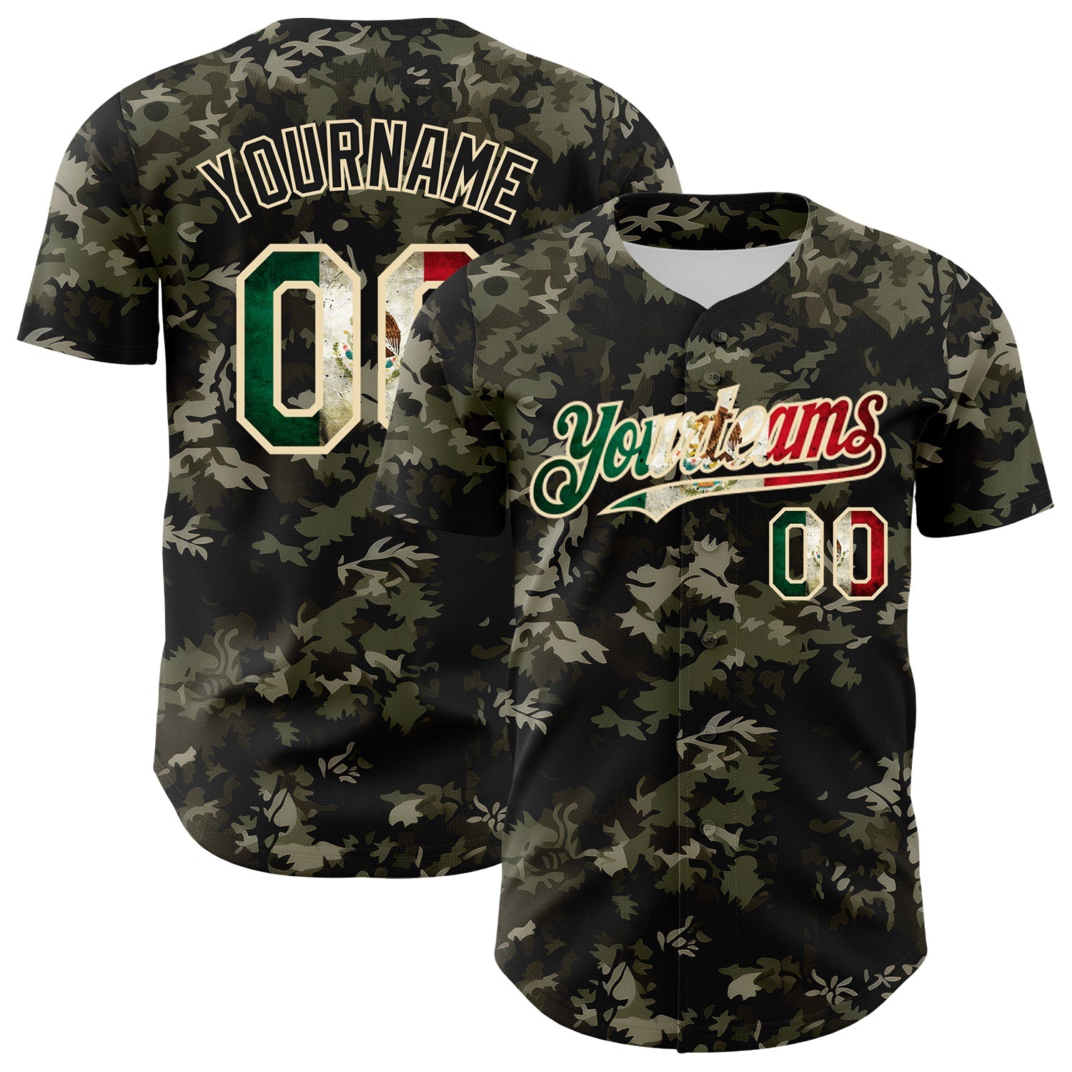 Custom Camo Vintage Mexican Flag Cream-Black Woodland Forest Tactical Camouflage Outdoor Leaf Authentic Baseball Jersey - Main View