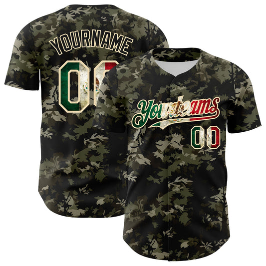 Custom Camo Vintage Mexican Flag Cream-Black Woodland Forest Tactical Camouflage Outdoor Leaf Authentic Baseball Jersey - Main View
