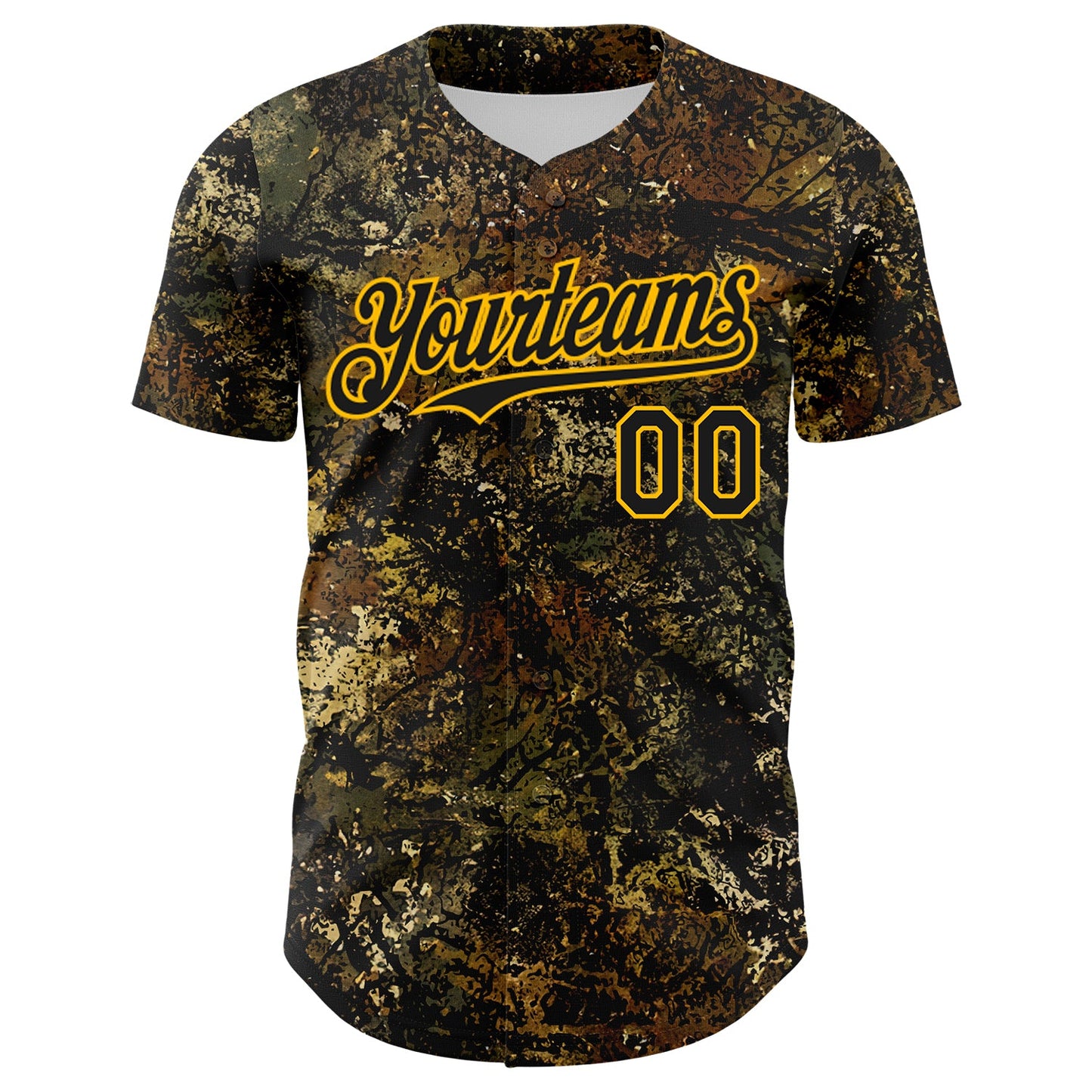 Custom Camo Black-Gold Woodland Forest Tactical Camouflage Outdoor Leaf Authentic Baseball Jersey view 2