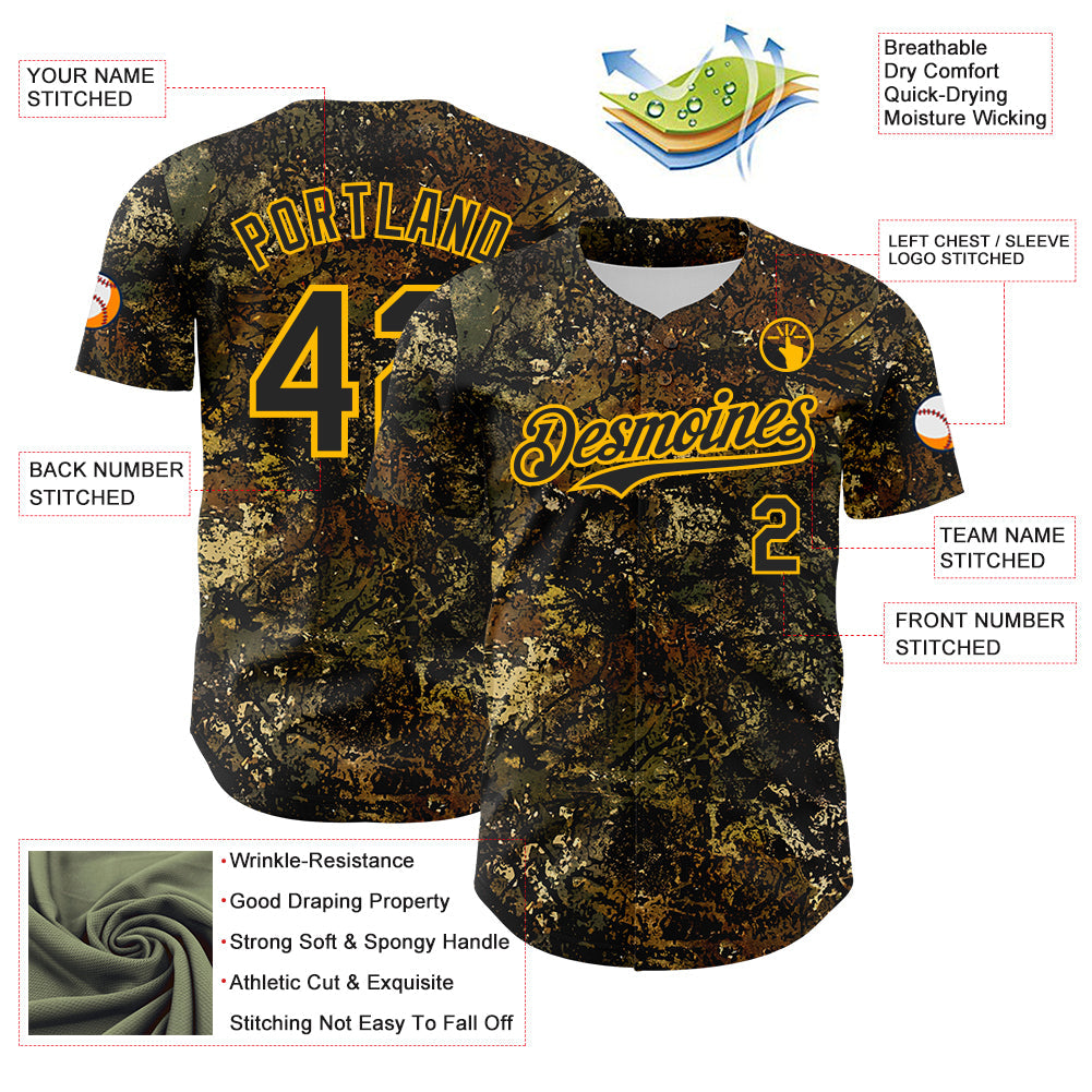 Custom Camo Black-Gold Woodland Forest Tactical Camouflage Outdoor Leaf Authentic Baseball Jersey view 3