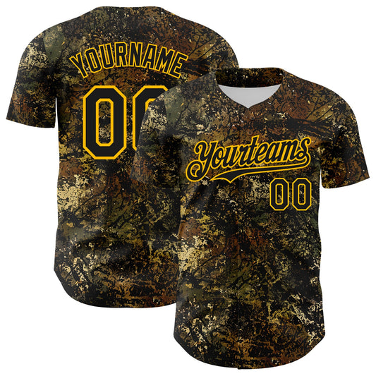 Custom Camo Black-Gold Woodland Forest Tactical Camouflage Outdoor Leaf Authentic Baseball Jersey - Main View