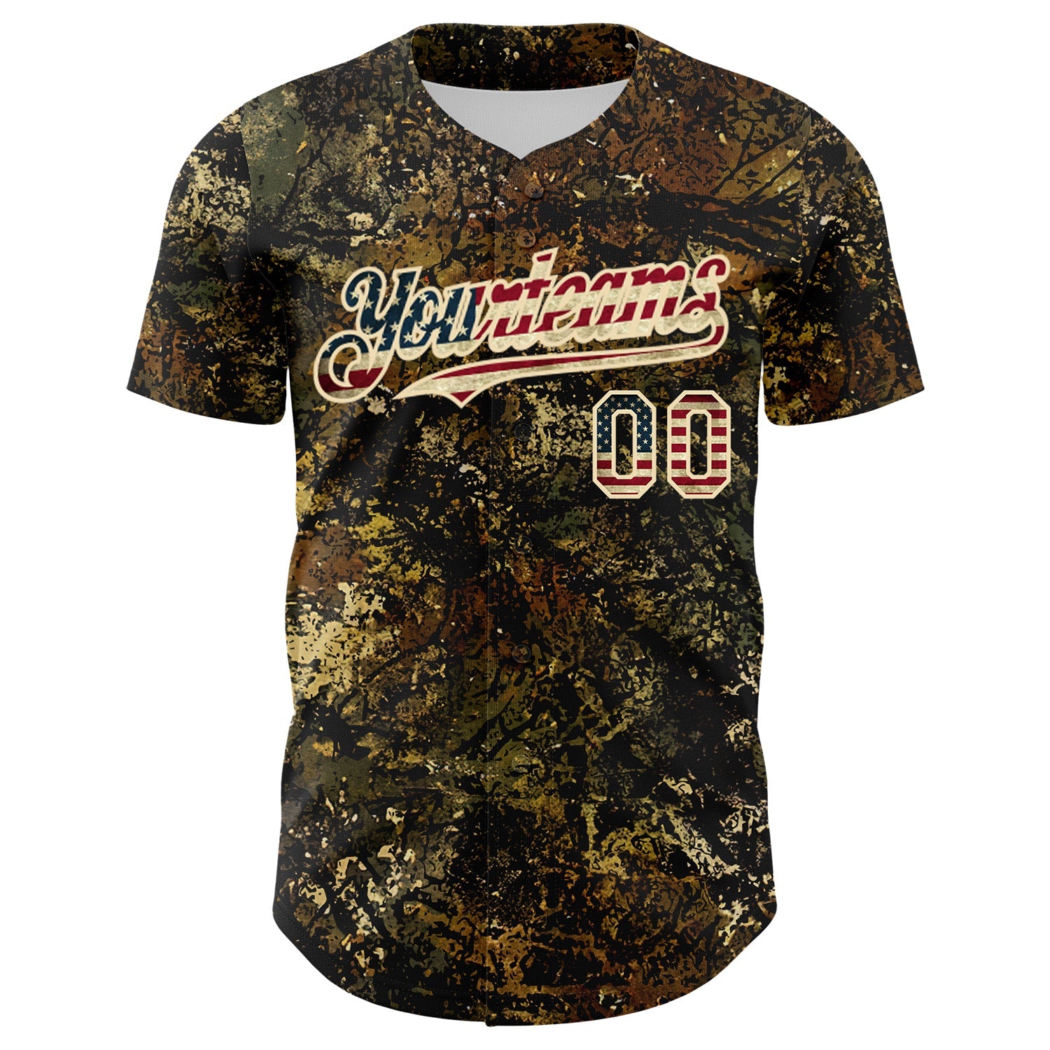 Custom Camo Vintage USA Flag Cream-Black Woodland Forest Tactical Camouflage Outdoor Leaf Authentic Baseball Jersey view 2