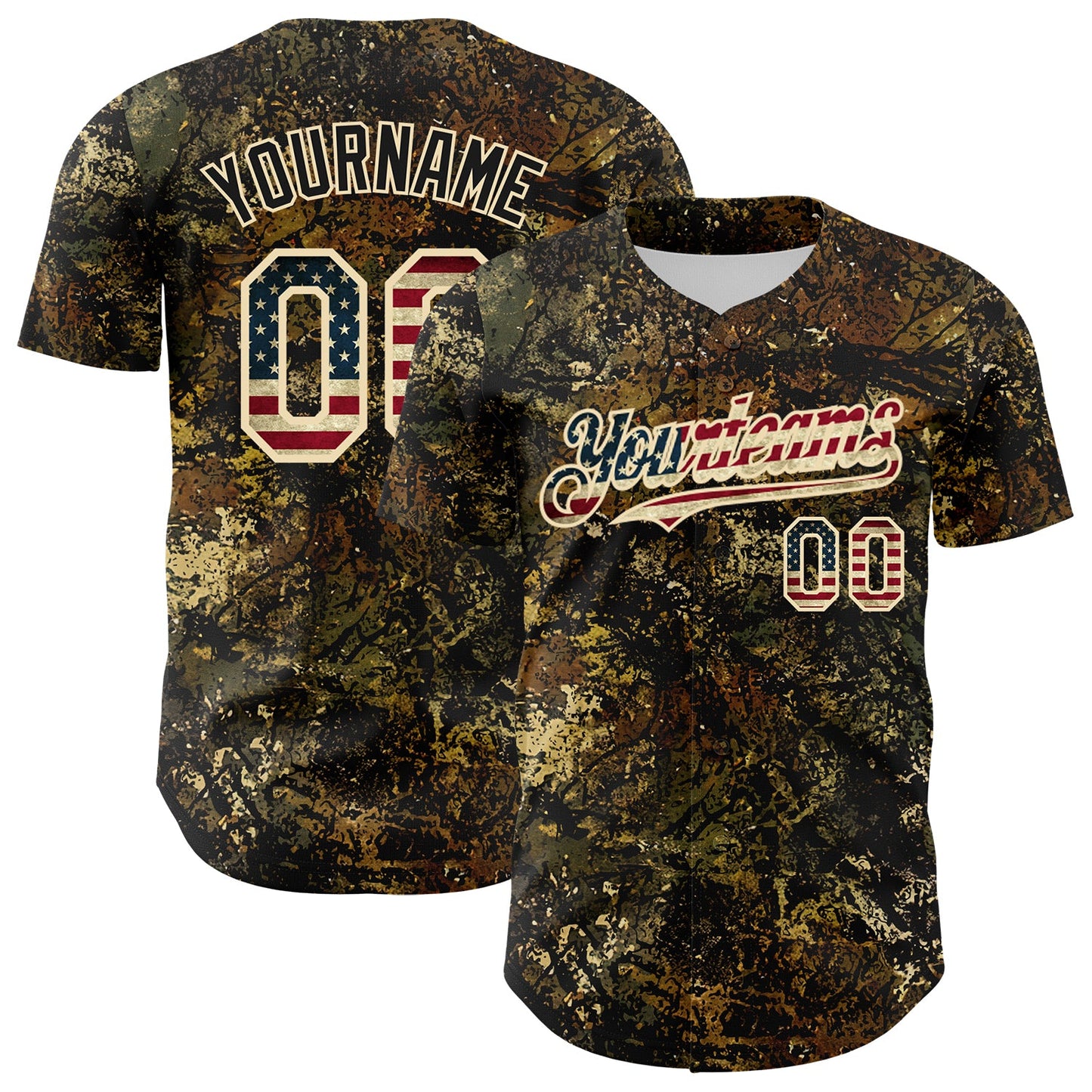 Custom Camo Vintage USA Flag Cream-Black Woodland Forest Tactical Camouflage Outdoor Leaf Authentic Baseball Jersey - Main View