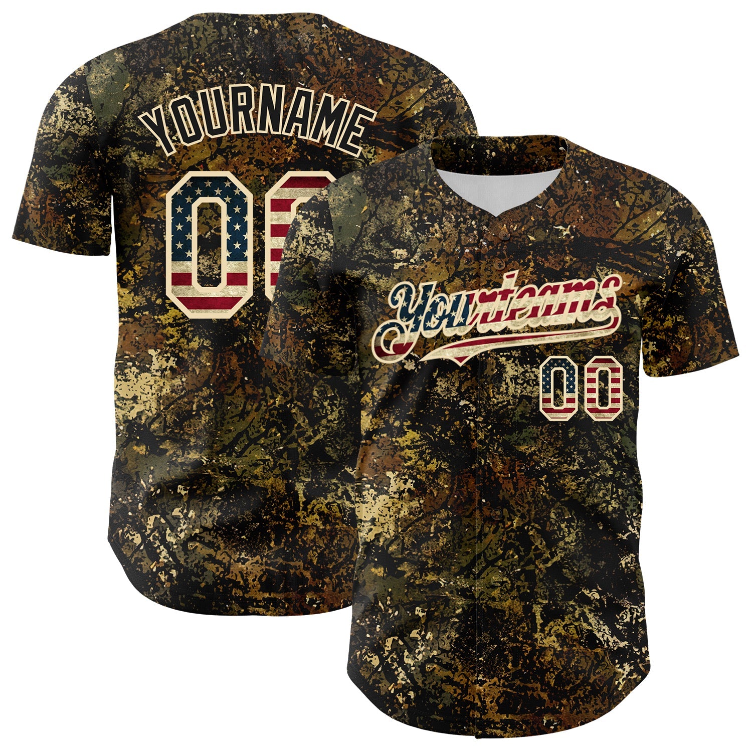 Custom Camo Vintage USA Flag Cream-Black Woodland Forest Tactical Camouflage Outdoor Leaf Authentic Baseball Jersey - Main View