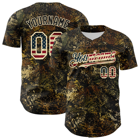 Custom Camo Vintage USA Flag Cream-Black Woodland Forest Tactical Camouflage Outdoor Leaf Authentic Baseball Jersey - Main View