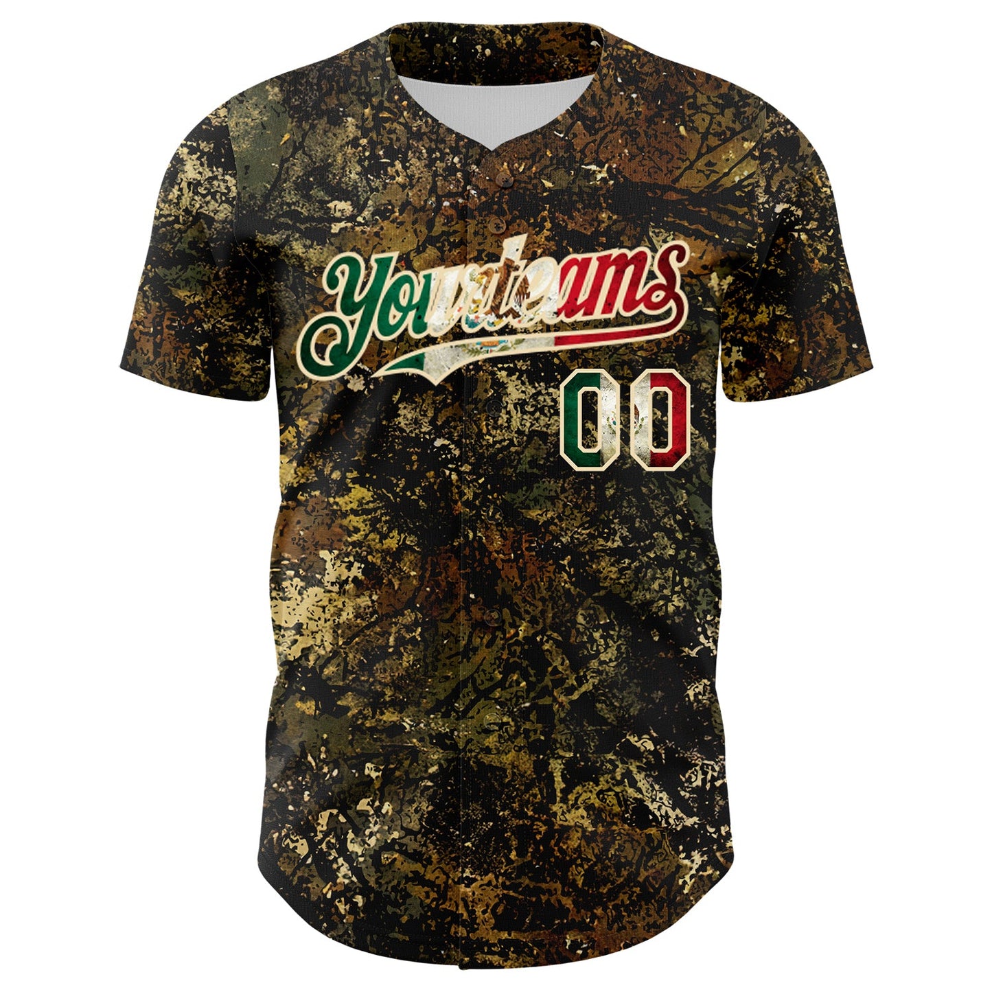 Custom Camo Vintage Mexican Flag Cream-Black Woodland Forest Tactical Camouflage Outdoor Leaf Authentic Baseball Jersey view 2