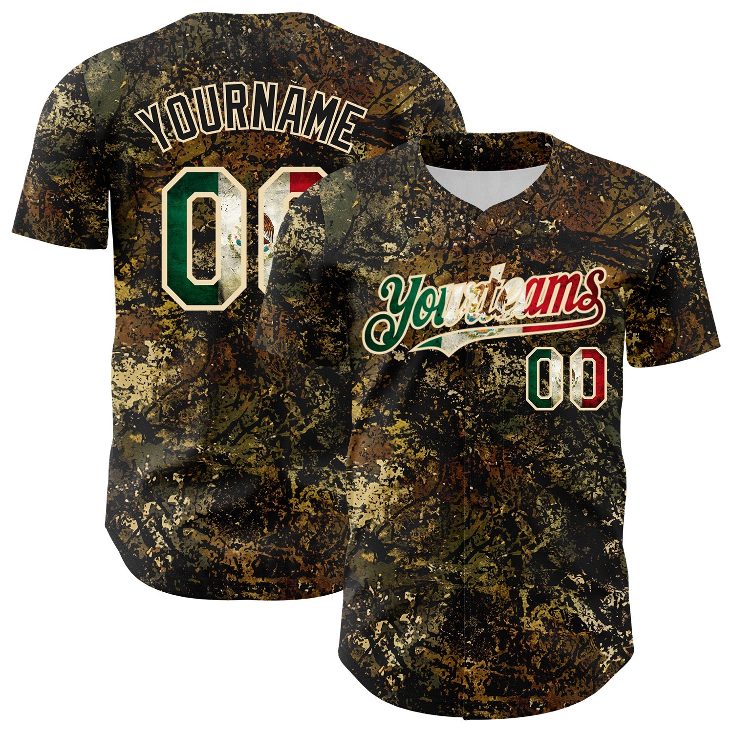 Custom Camo Vintage Mexican Flag Cream-Black Woodland Forest Tactical Camouflage Outdoor Leaf Authentic Baseball Jersey - Main View