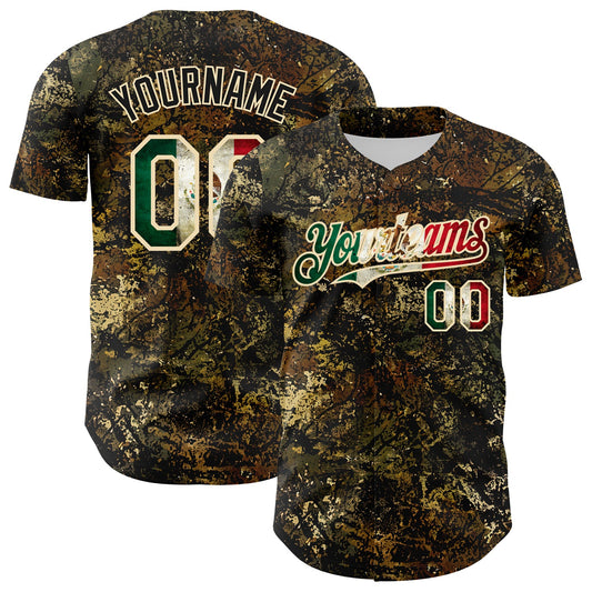 Custom Camo Vintage Mexican Flag Cream-Black Woodland Forest Tactical Camouflage Outdoor Leaf Authentic Baseball Jersey - Main View