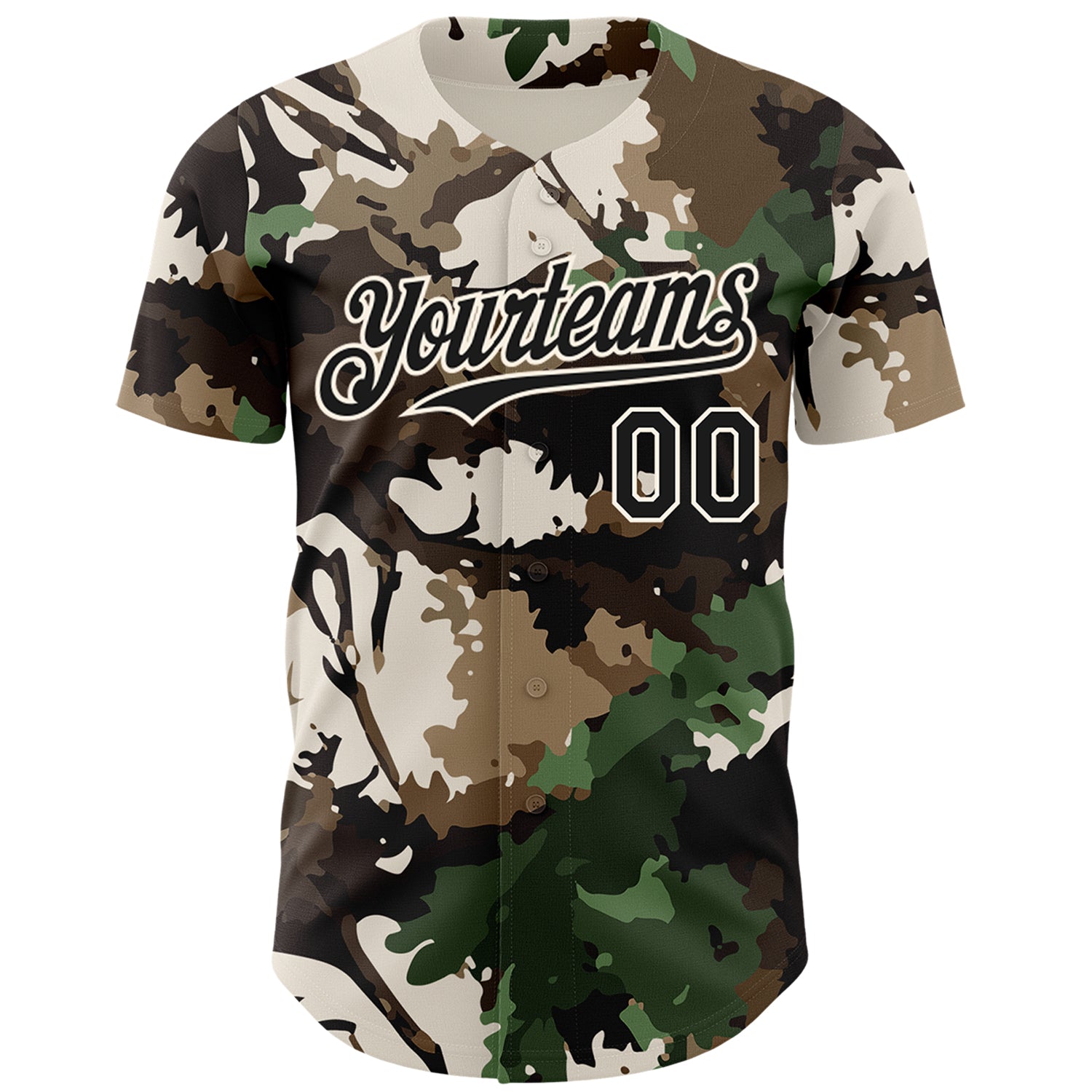 Custom Camo Black-Cream Woodland Forest Tactical Camouflage Outdoor Leaf Authentic Baseball Jersey view 2
