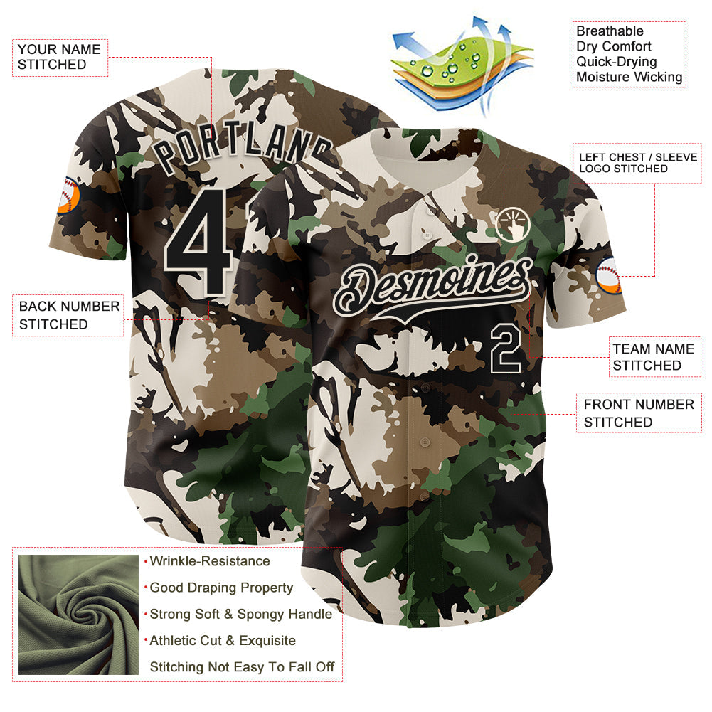 Custom Camo Black-Cream Woodland Forest Tactical Camouflage Outdoor Leaf Authentic Baseball Jersey view 3