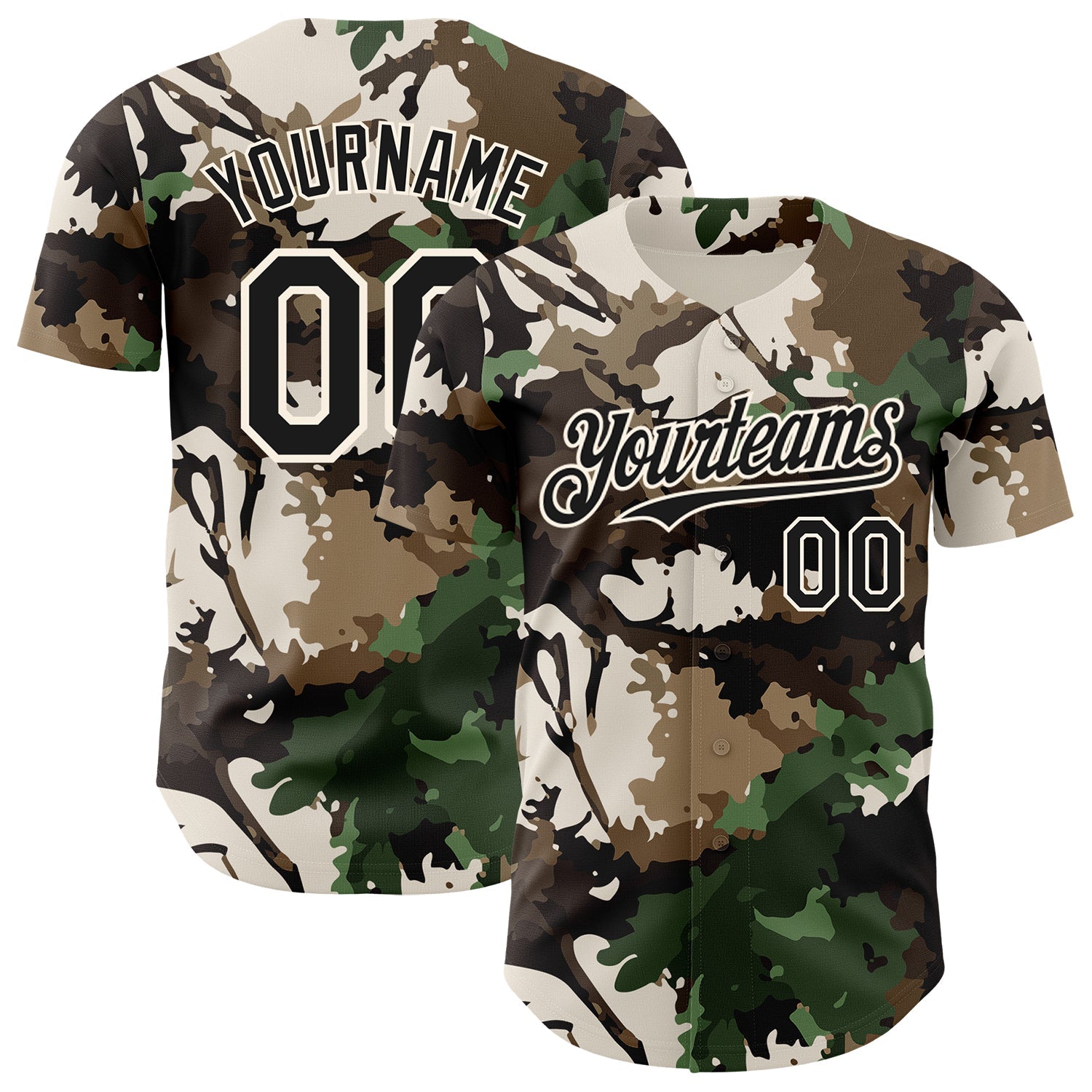 Custom Camo Black-Cream Woodland Forest Tactical Camouflage Outdoor Leaf Authentic Baseball Jersey - Main View