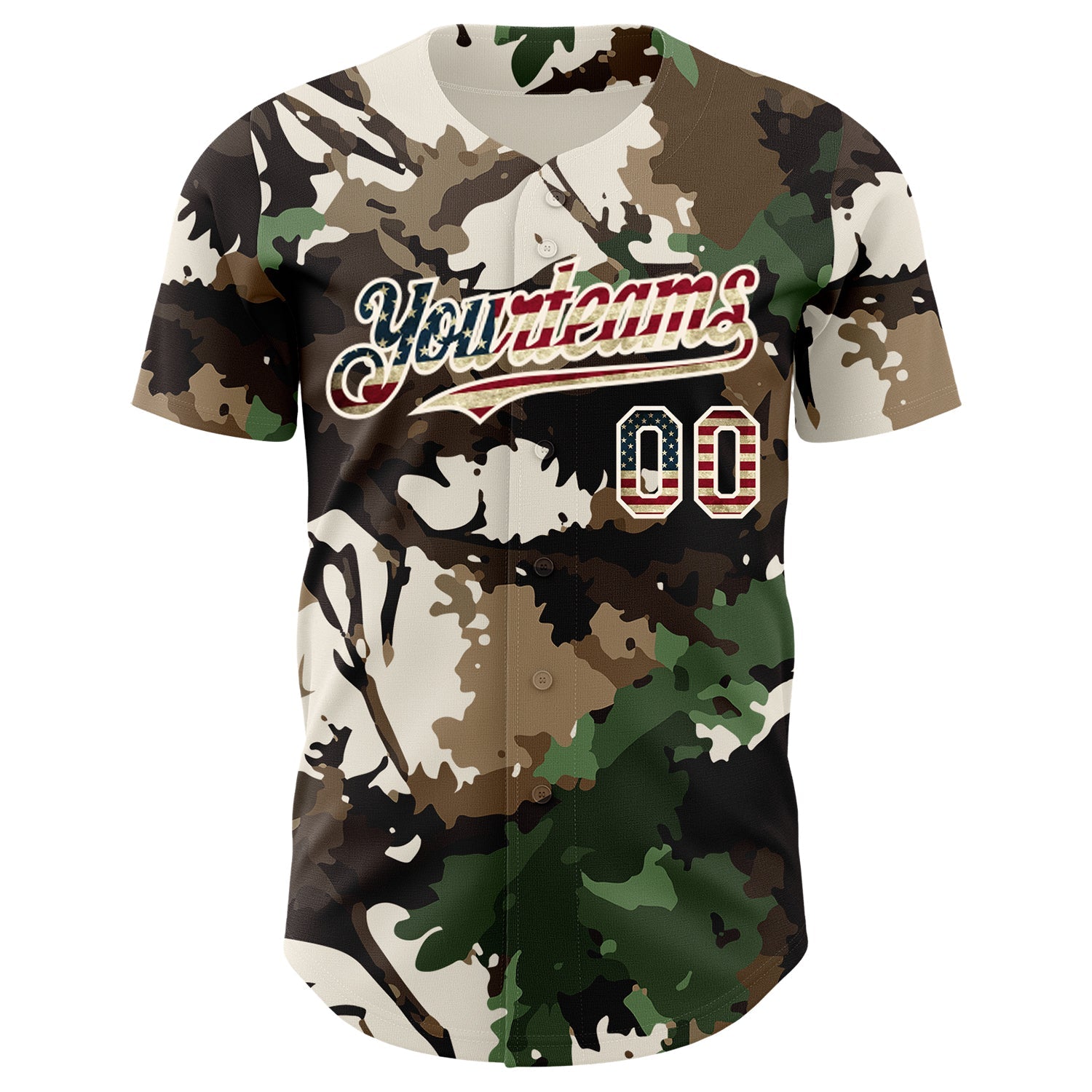 Custom Camo Vintage USA Flag Cream-Brown Woodland Forest Tactical Camouflage Outdoor Leaf Authentic Baseball Jersey view 2
