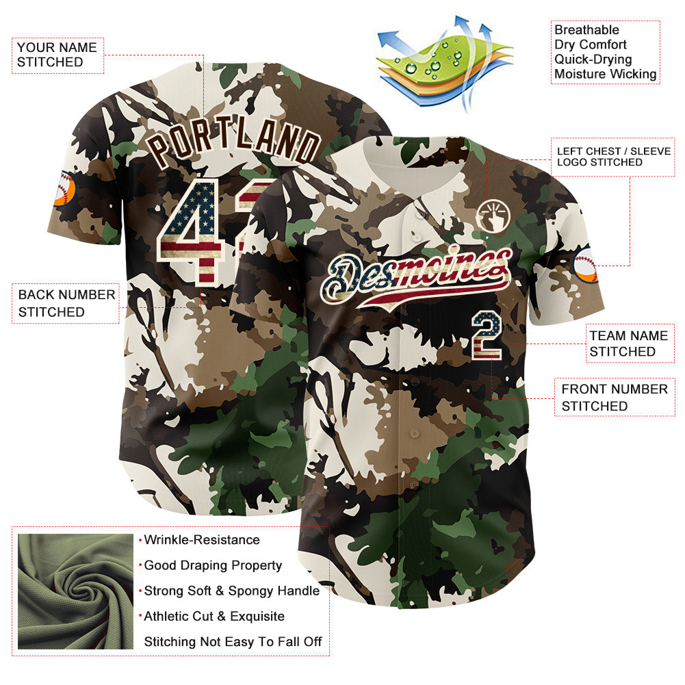 Custom Camo Vintage USA Flag Cream-Brown Woodland Forest Tactical Camouflage Outdoor Leaf Authentic Baseball Jersey view 3