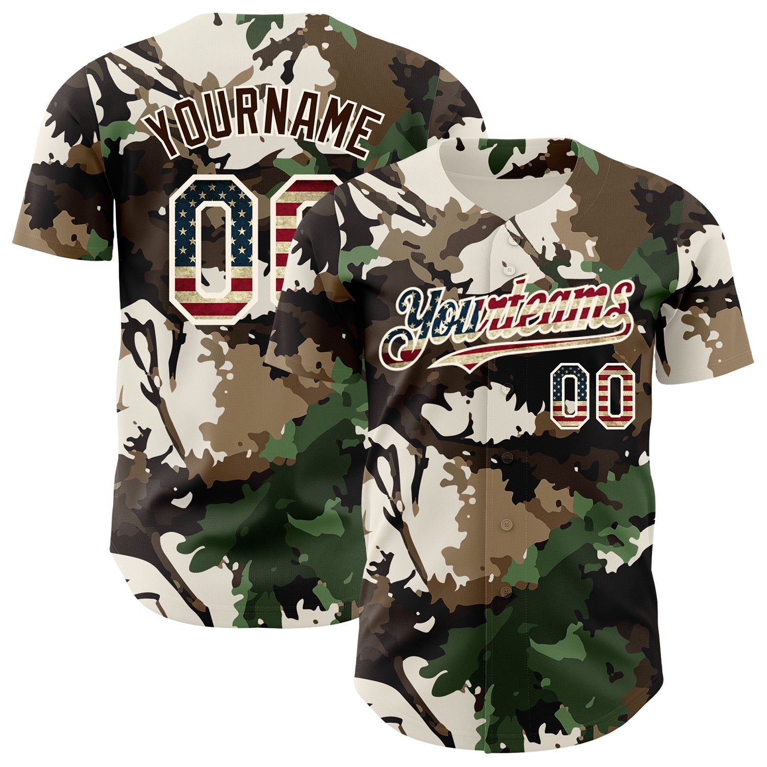 Custom Camo Vintage USA Flag Cream-Brown Woodland Forest Tactical Camouflage Outdoor Leaf Authentic Baseball Jersey - Main View