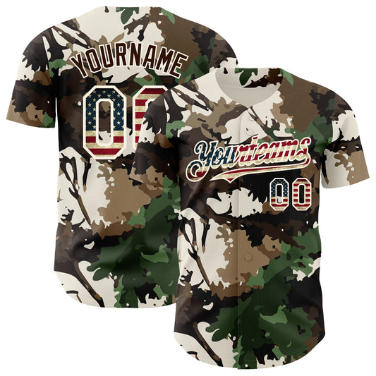 Custom Camo Vintage USA Flag Cream-Brown Woodland Forest Tactical Camouflage Outdoor Leaf Authentic Baseball Jersey - Main View