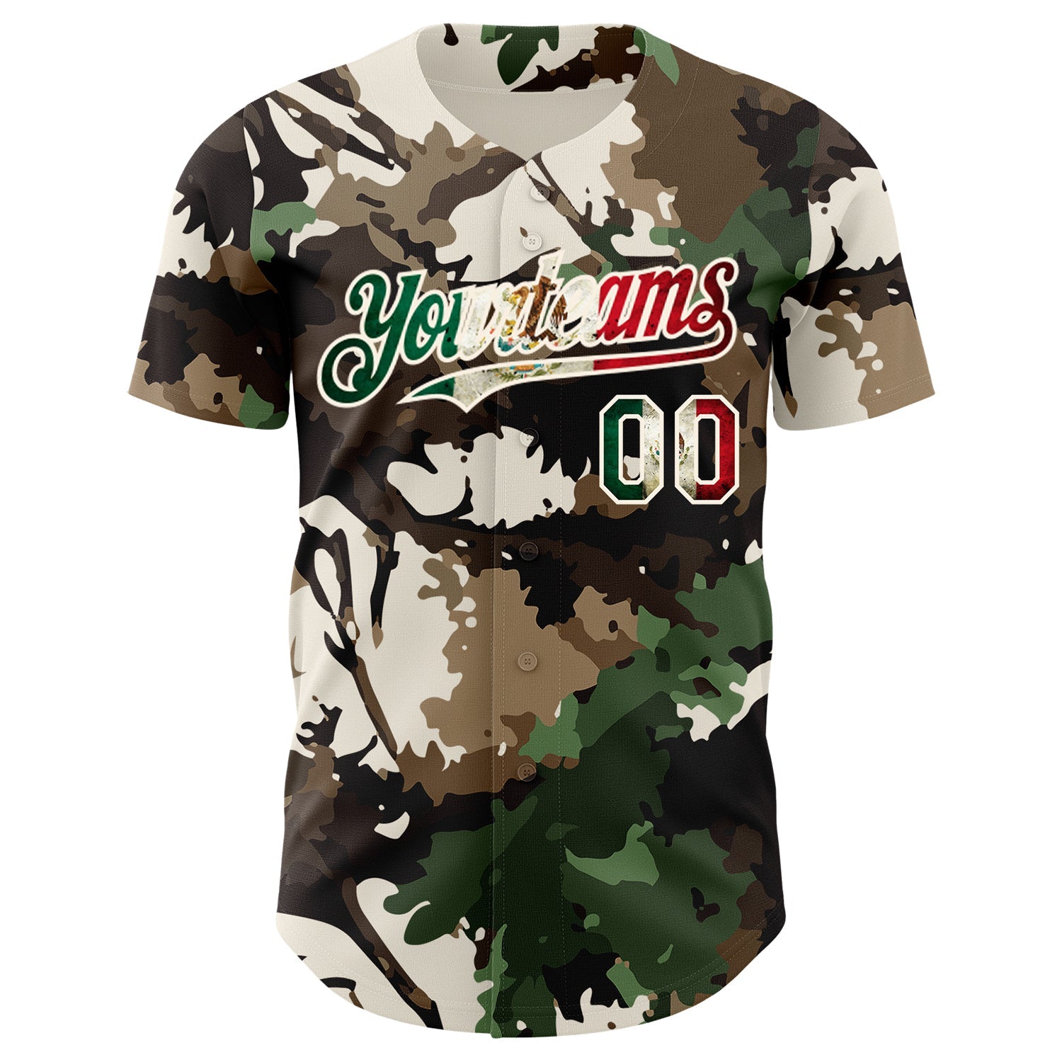 Custom Camo Vintage Mexican Flag Cream-Red Woodland Forest Tactical Camouflage Outdoor Leaf Authentic Baseball Jersey view 2