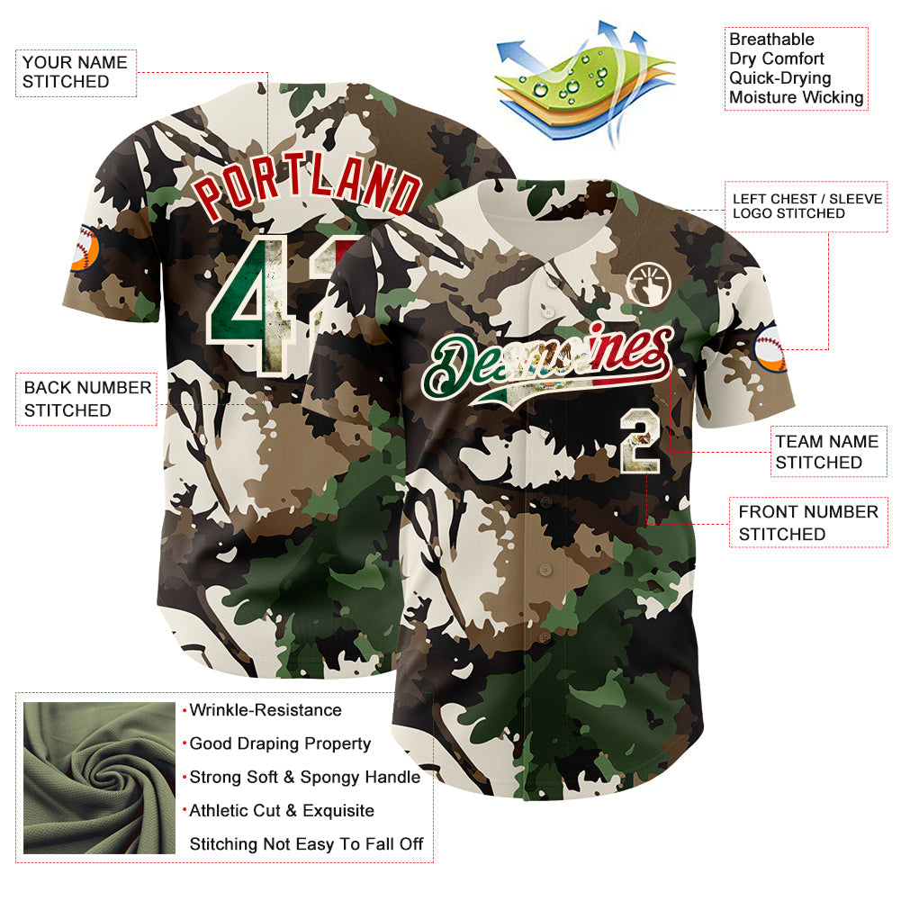 Custom Camo Vintage Mexican Flag Cream-Red Woodland Forest Tactical Camouflage Outdoor Leaf Authentic Baseball Jersey view 3