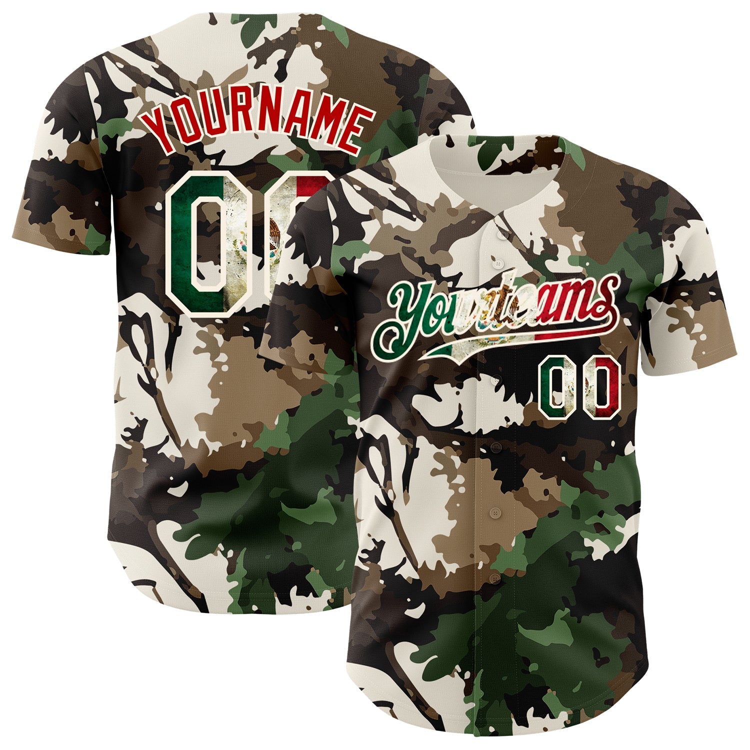 Custom Camo Vintage Mexican Flag Cream-Red Woodland Forest Tactical Camouflage Outdoor Leaf Authentic Baseball Jersey - Main View