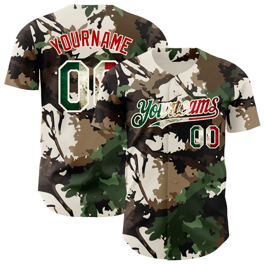Custom Camo Vintage Mexican Flag Cream-Red Woodland Forest Tactical Camouflage Outdoor Leaf Authentic Baseball Jersey - Main View