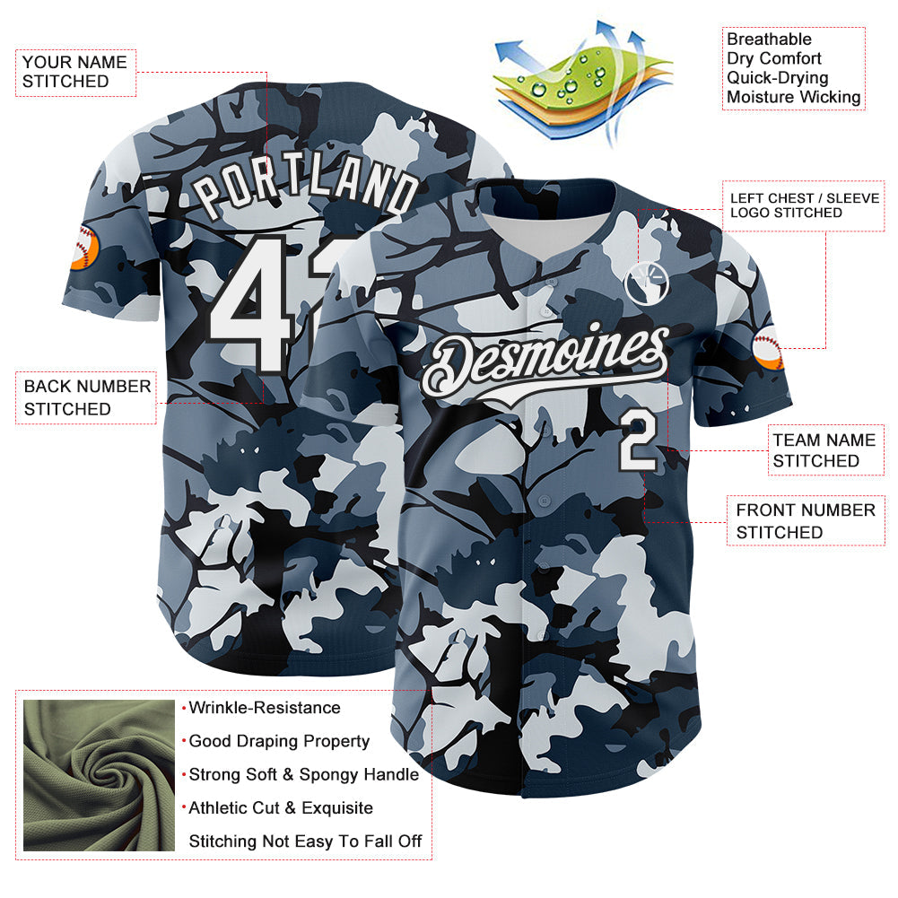 Custom Camo White-Black Woodland Forest Tactical Camouflage Outdoor Leaf Authentic Baseball Jersey view 3