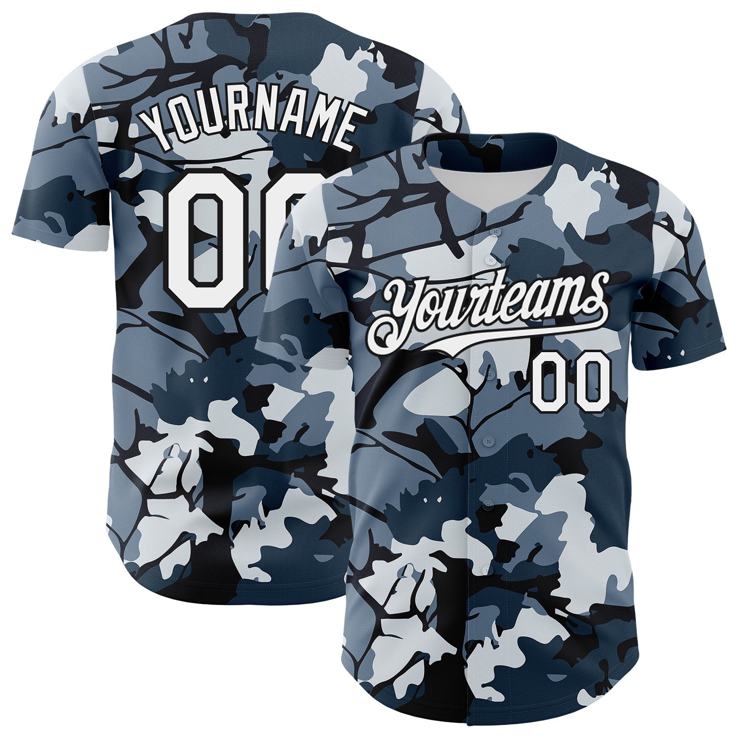 Custom Camo White-Black Woodland Forest Tactical Camouflage Outdoor Leaf Authentic Baseball Jersey - Main View