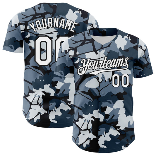 Custom Camo White-Black Woodland Forest Tactical Camouflage Outdoor Leaf Authentic Baseball Jersey - Main View