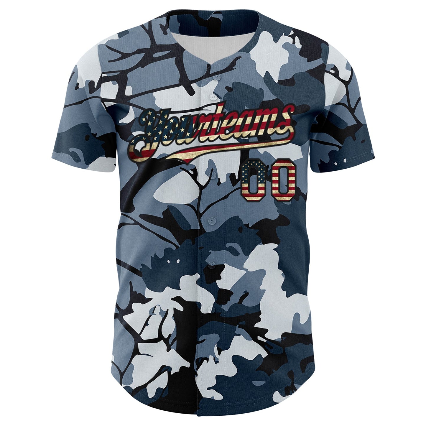 Custom Camo Vintage USA Flag Black-Crimson Woodland Forest Tactical Camouflage Outdoor Leaf Authentic Baseball Jersey view 2