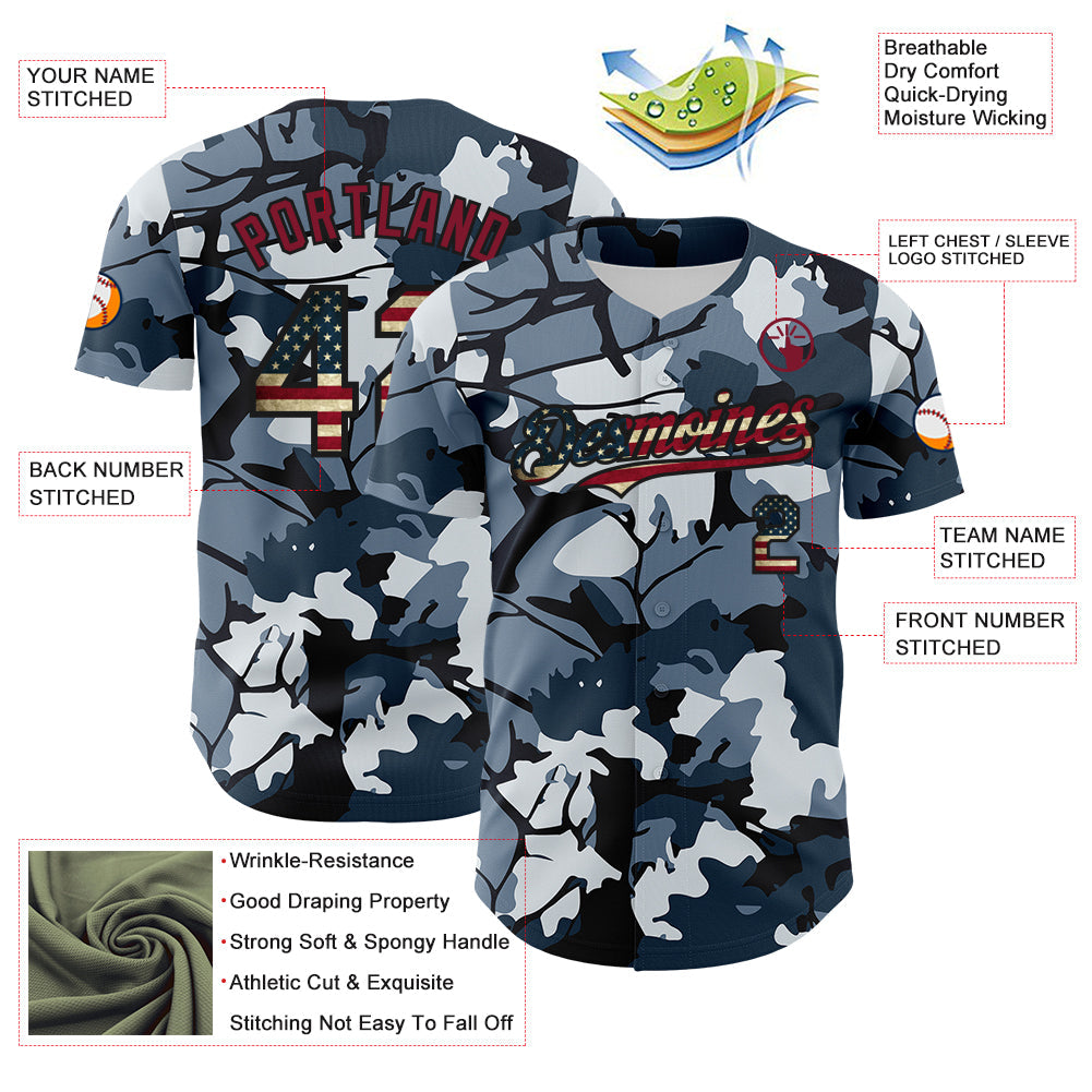 Custom Camo Vintage USA Flag Black-Crimson Woodland Forest Tactical Camouflage Outdoor Leaf Authentic Baseball Jersey view 3