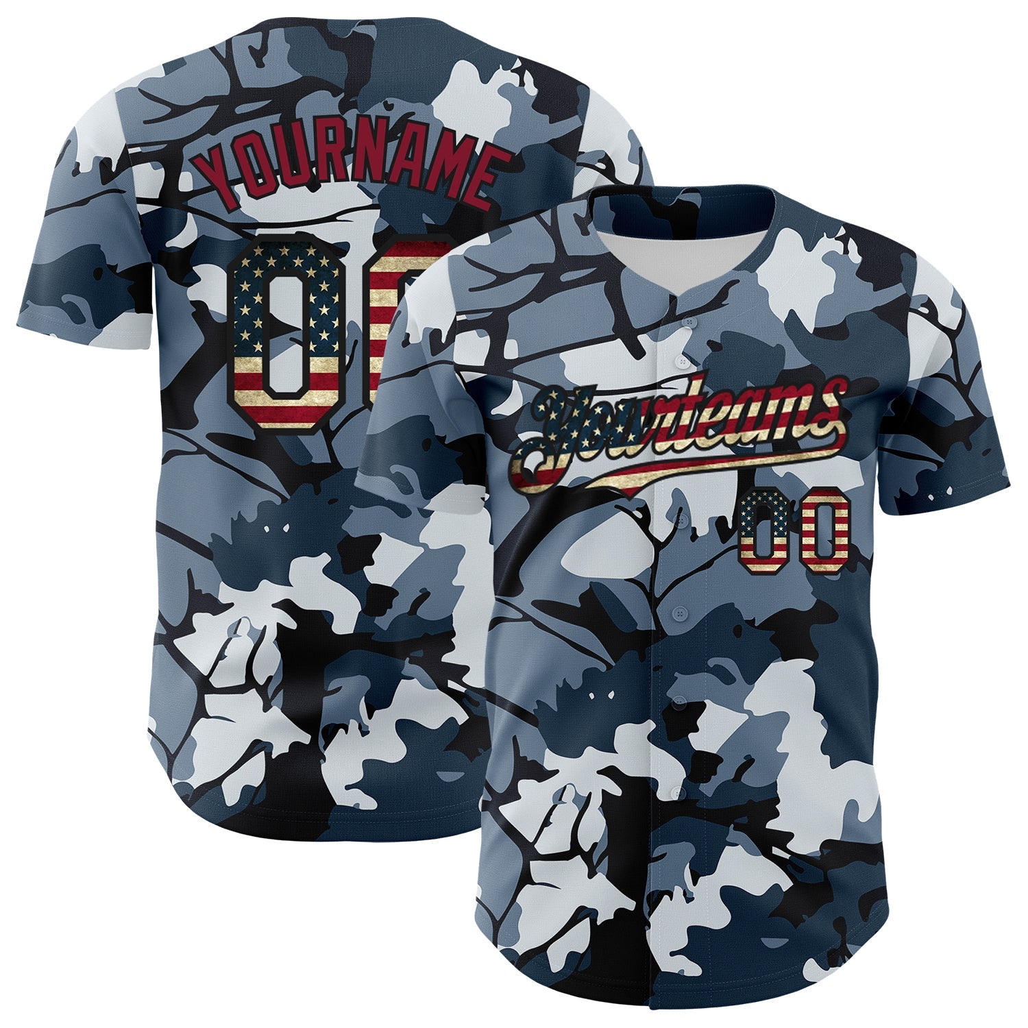 Custom Camo Vintage USA Flag Black-Crimson Woodland Forest Tactical Camouflage Outdoor Leaf Authentic Baseball Jersey - Main View