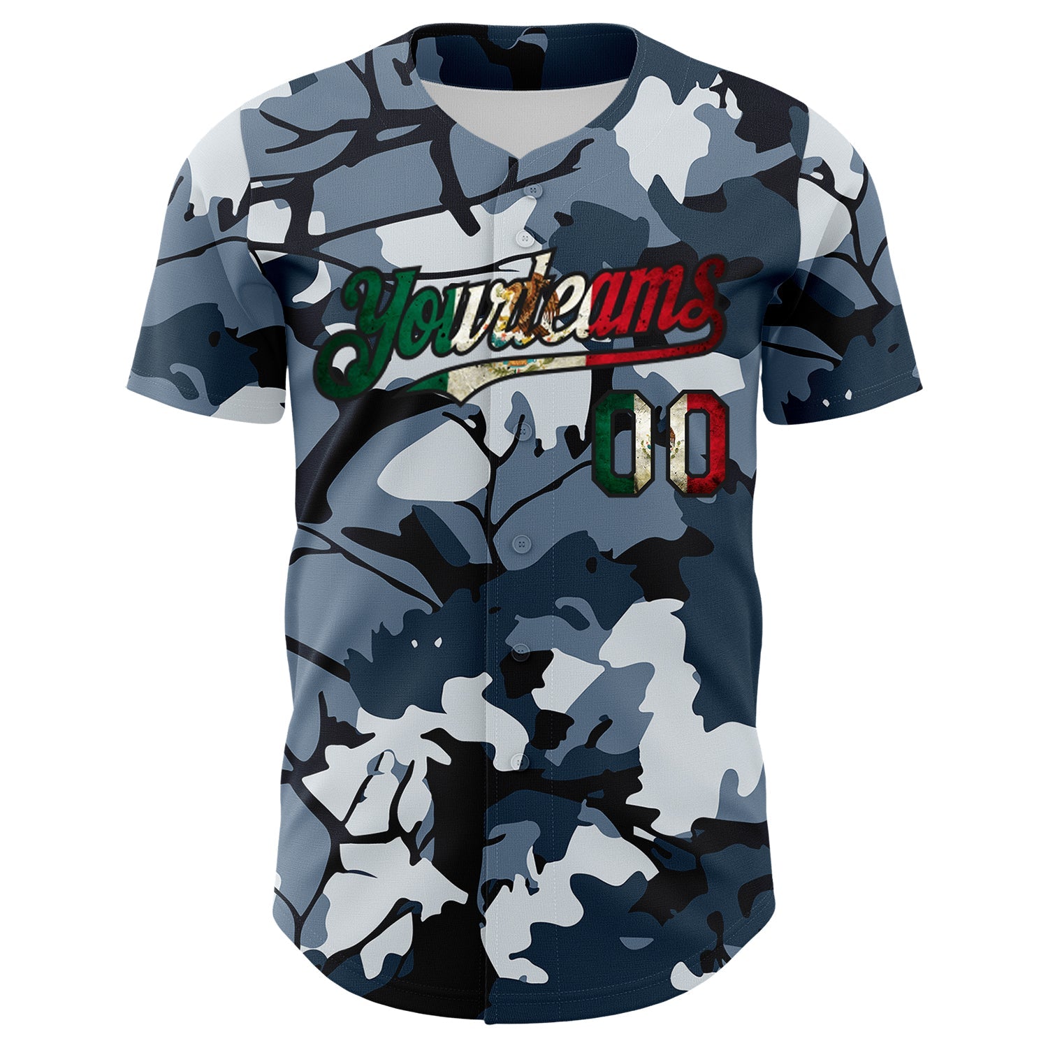 Custom Camo Vintage Mexican Flag Black-Red Woodland Forest Tactical Camouflage Outdoor Leaf Authentic Baseball Jersey view 2