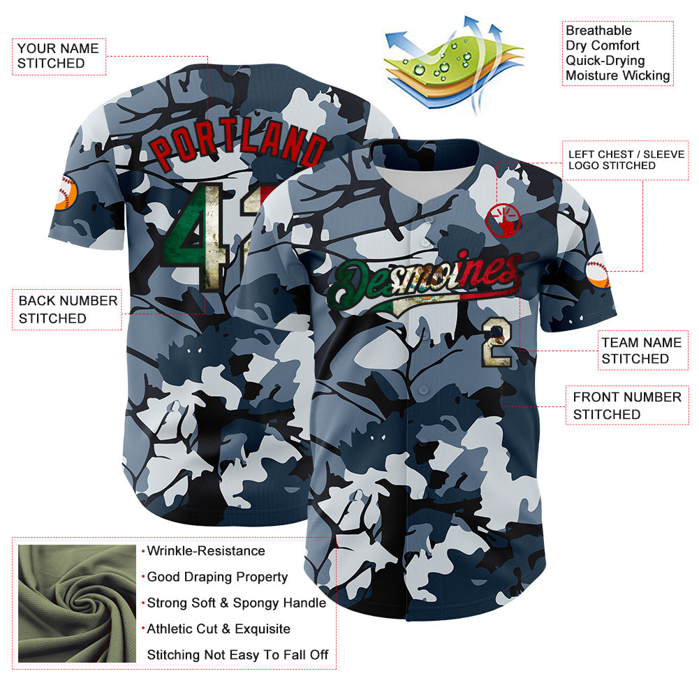 Custom Camo Vintage Mexican Flag Black-Red Woodland Forest Tactical Camouflage Outdoor Leaf Authentic Baseball Jersey view 3