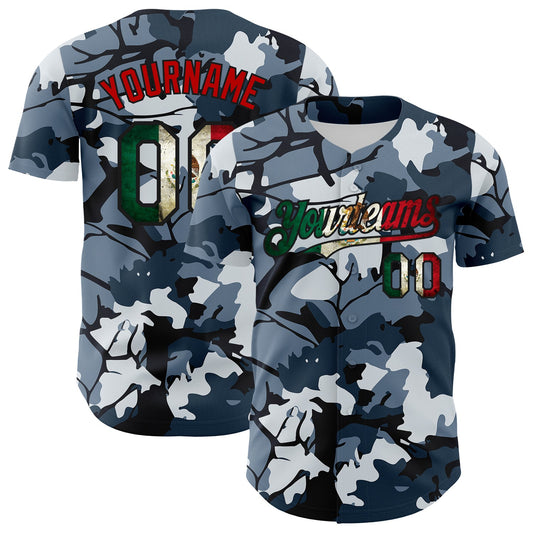 Custom Camo Vintage Mexican Flag Black-Red Woodland Forest Tactical Camouflage Outdoor Leaf Authentic Baseball Jersey - Main View