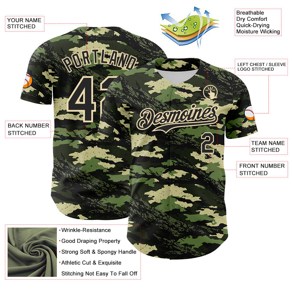 Custom Camo Black-Cream Woodland Forest Tactical Camouflage Outdoor Leaf Authentic Baseball Jersey view 3