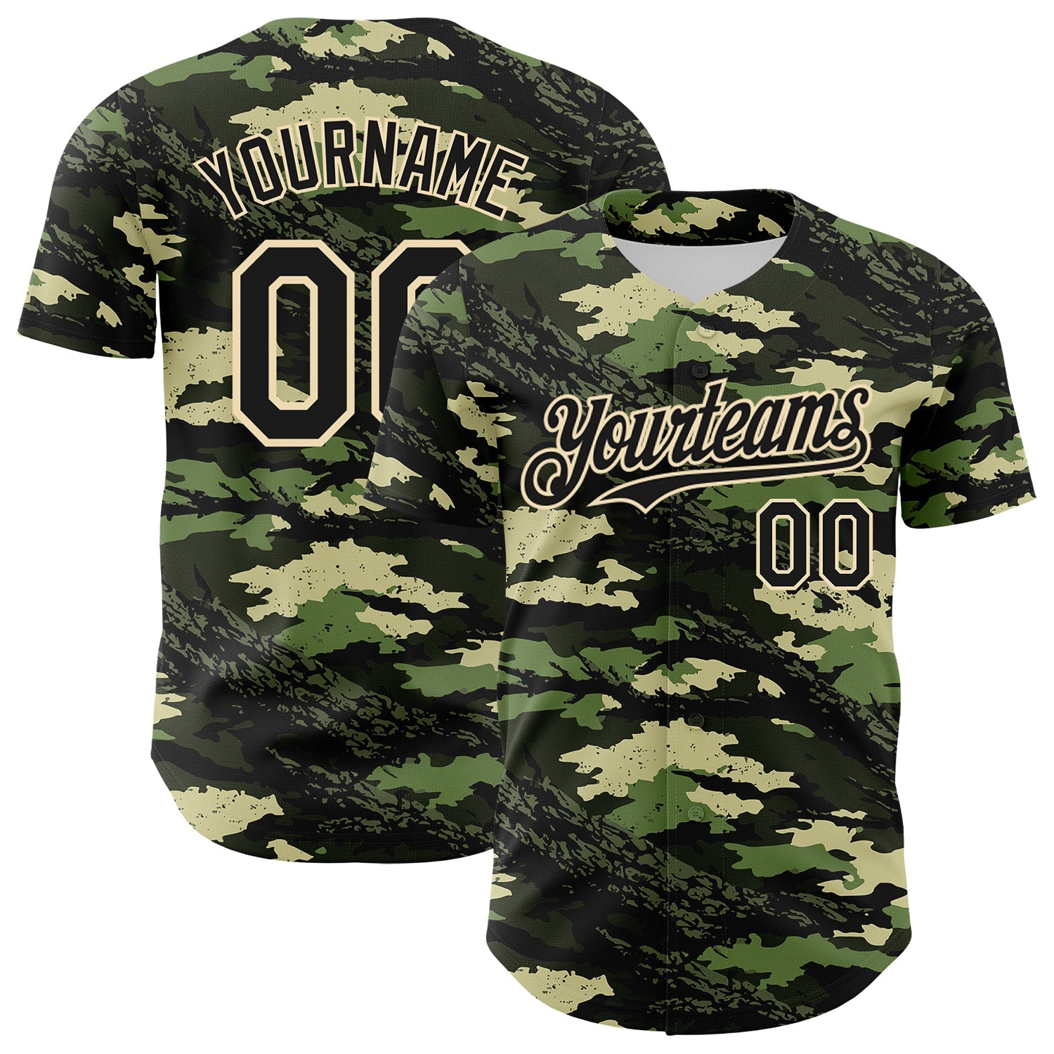 Custom Camo Black-Cream Woodland Forest Tactical Camouflage Outdoor Leaf Authentic Baseball Jersey - Main View