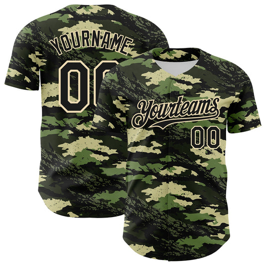 Custom Camo Black-Cream Woodland Forest Tactical Camouflage Outdoor Leaf Authentic Baseball Jersey - Main View