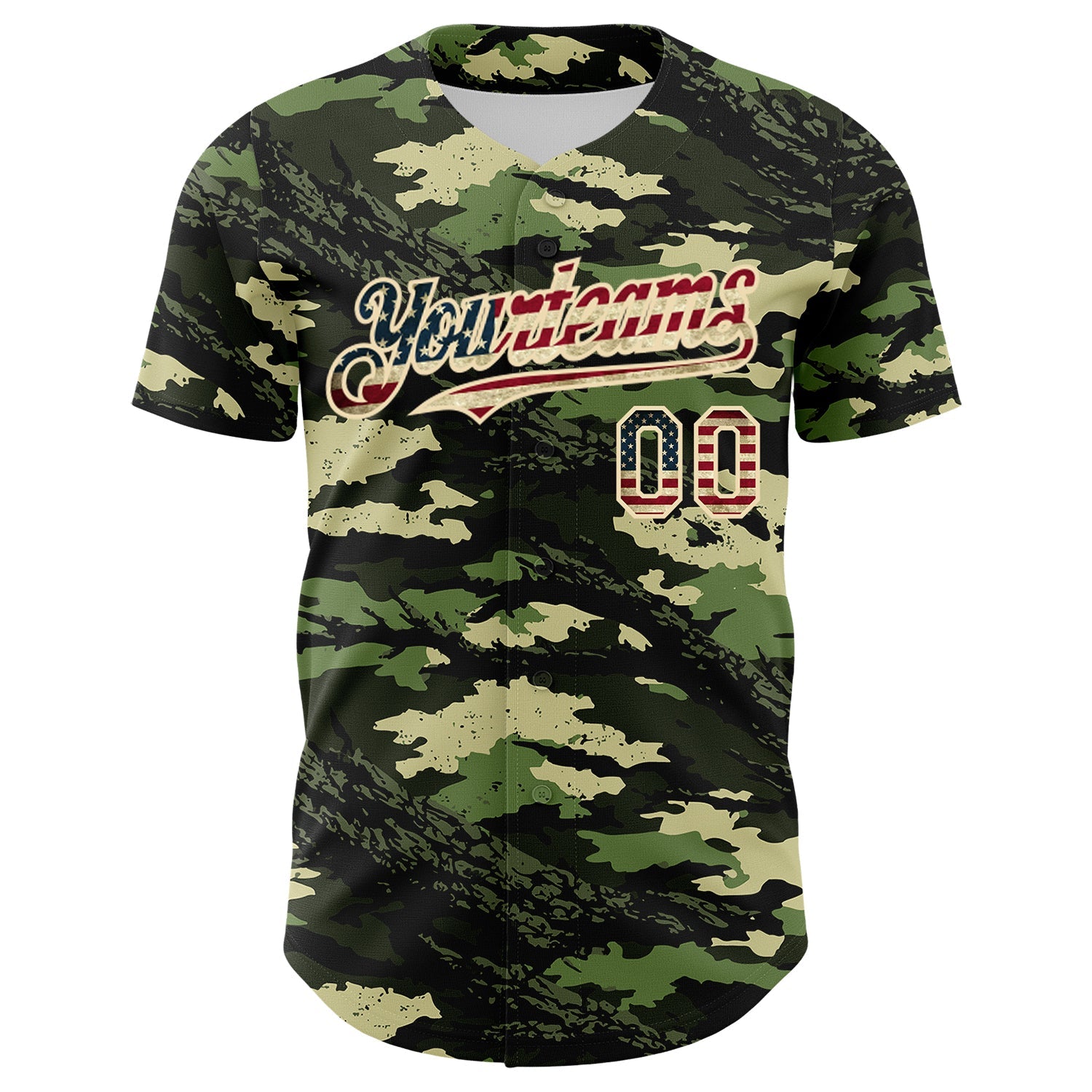 Custom Camo Vintage USA Flag Cream-Black Woodland Forest Tactical Camouflage Outdoor Leaf Authentic Baseball Jersey view 2