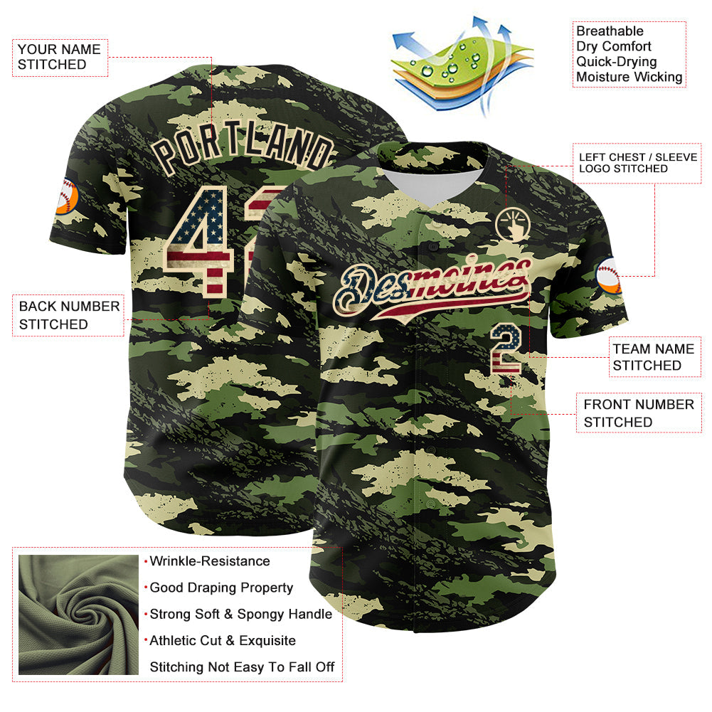 Custom Camo Vintage USA Flag Cream-Black Woodland Forest Tactical Camouflage Outdoor Leaf Authentic Baseball Jersey view 3