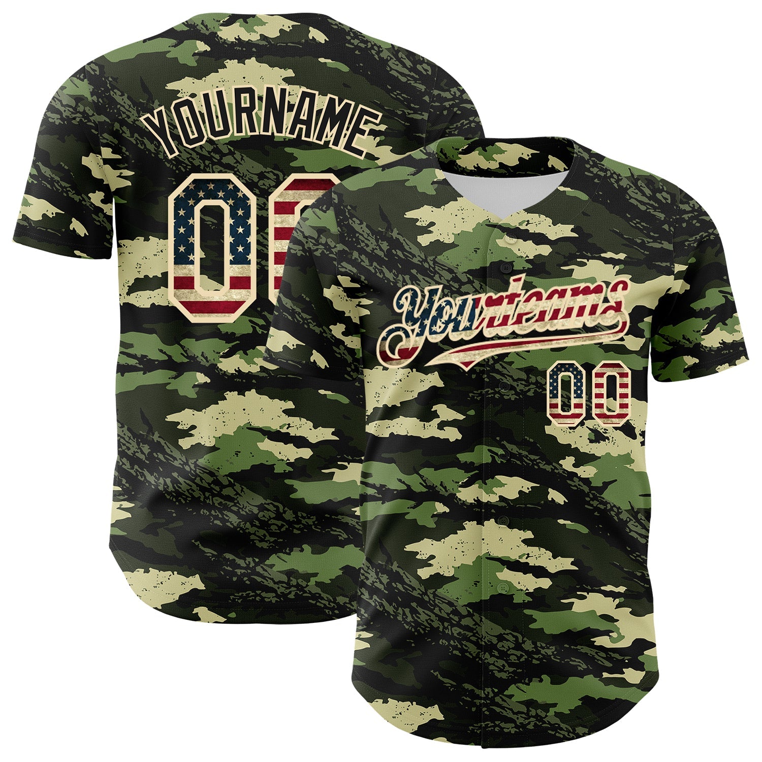 Custom Camo Vintage USA Flag Cream-Black Woodland Forest Tactical Camouflage Outdoor Leaf Authentic Baseball Jersey - Main View